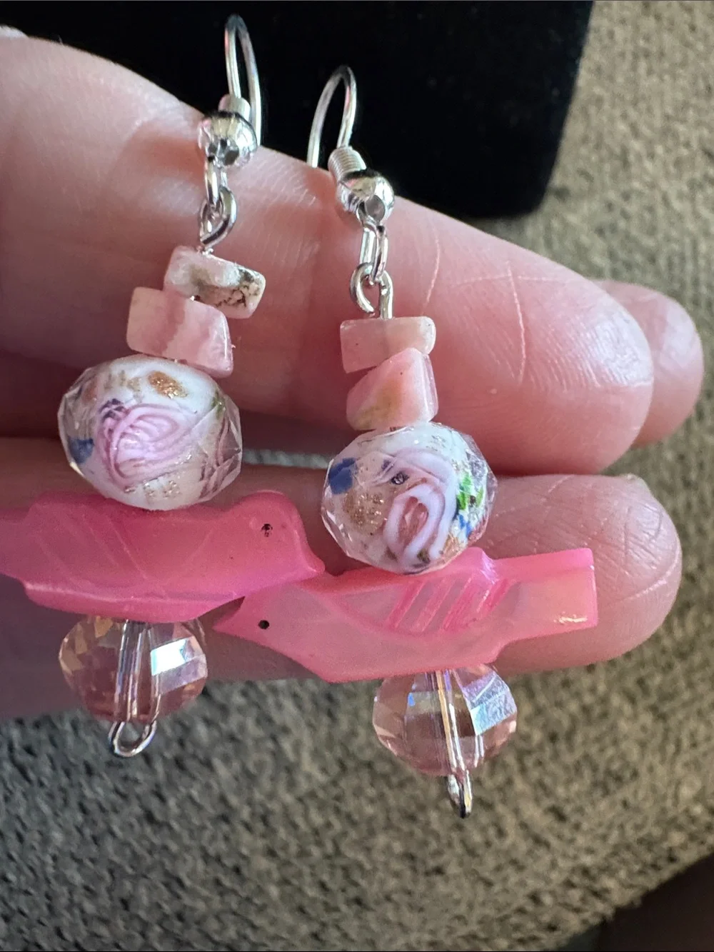 Pink Carved Shell, Glass, and AB Crystal Drop Earrings - Picture 2 of 2